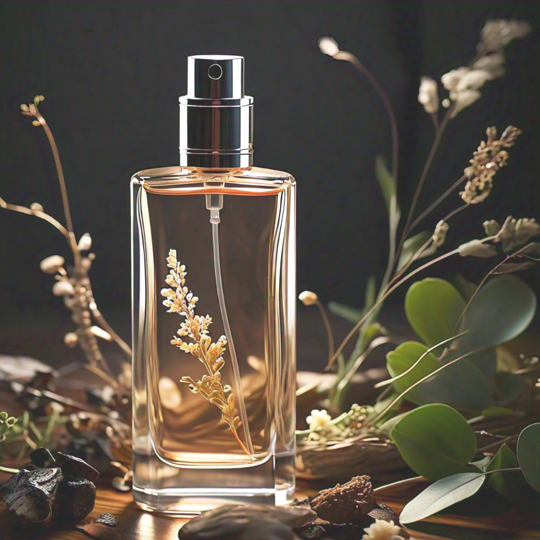 A clear glass perfume bottle with a spray nozzle, adorned with a dried elderflower, set against a backdrop of various botanicals.