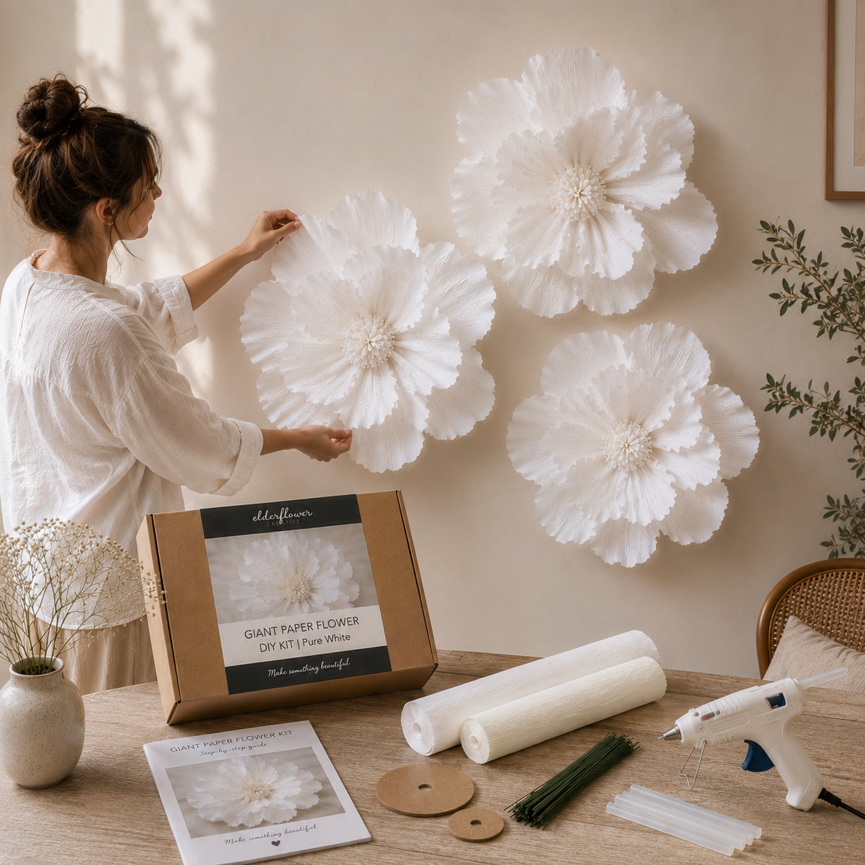 Giant Paper Flower Cluster (3) - DIY Kit  - White - Wall hanging